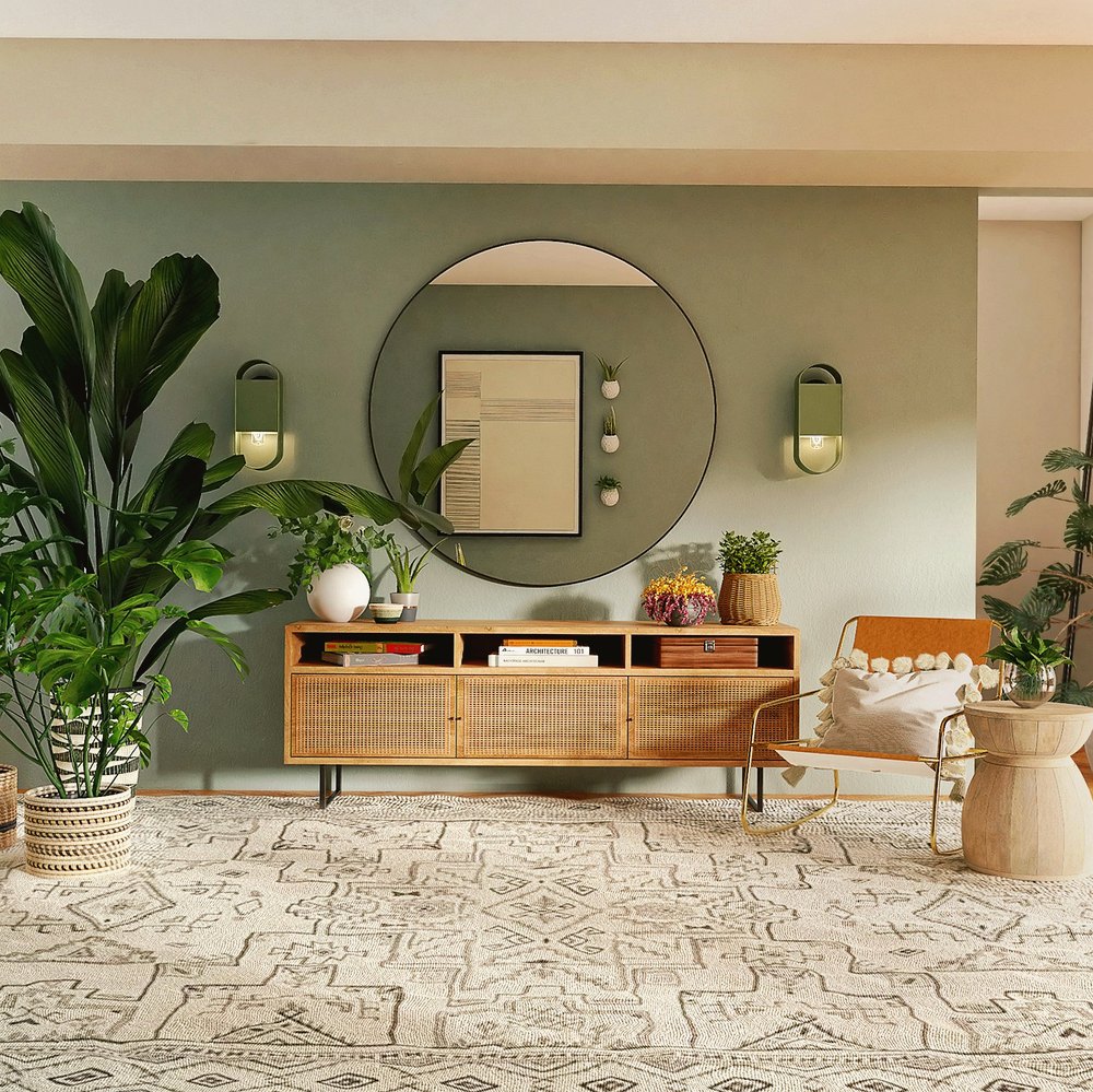 Soft-furnished room with carefully laid carpet