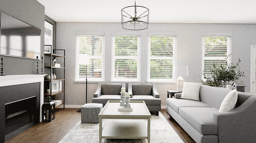 Contemporary room layout with continuous flooring